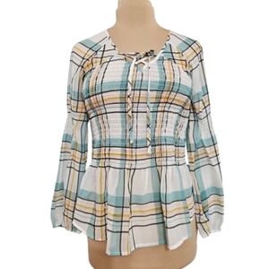 True Craft Plaid Peplum Blouse Boho Smocked Tie Neck Top Medium Boho Cottagecore